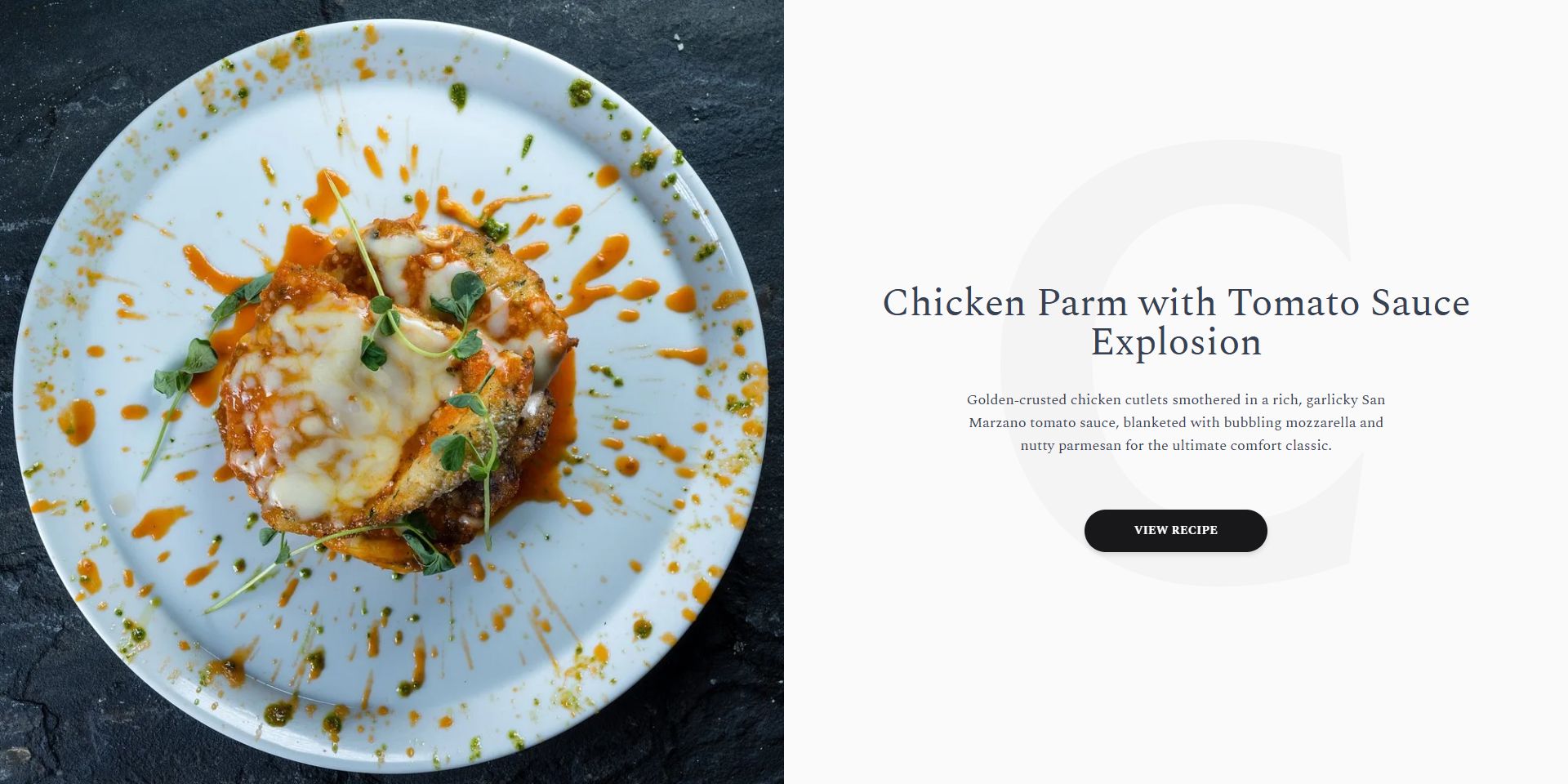 The Recipes page layout featuring a grid of culinary photography, highlighting the 'Chicken Parm with Tomato Sauce Explosion'.