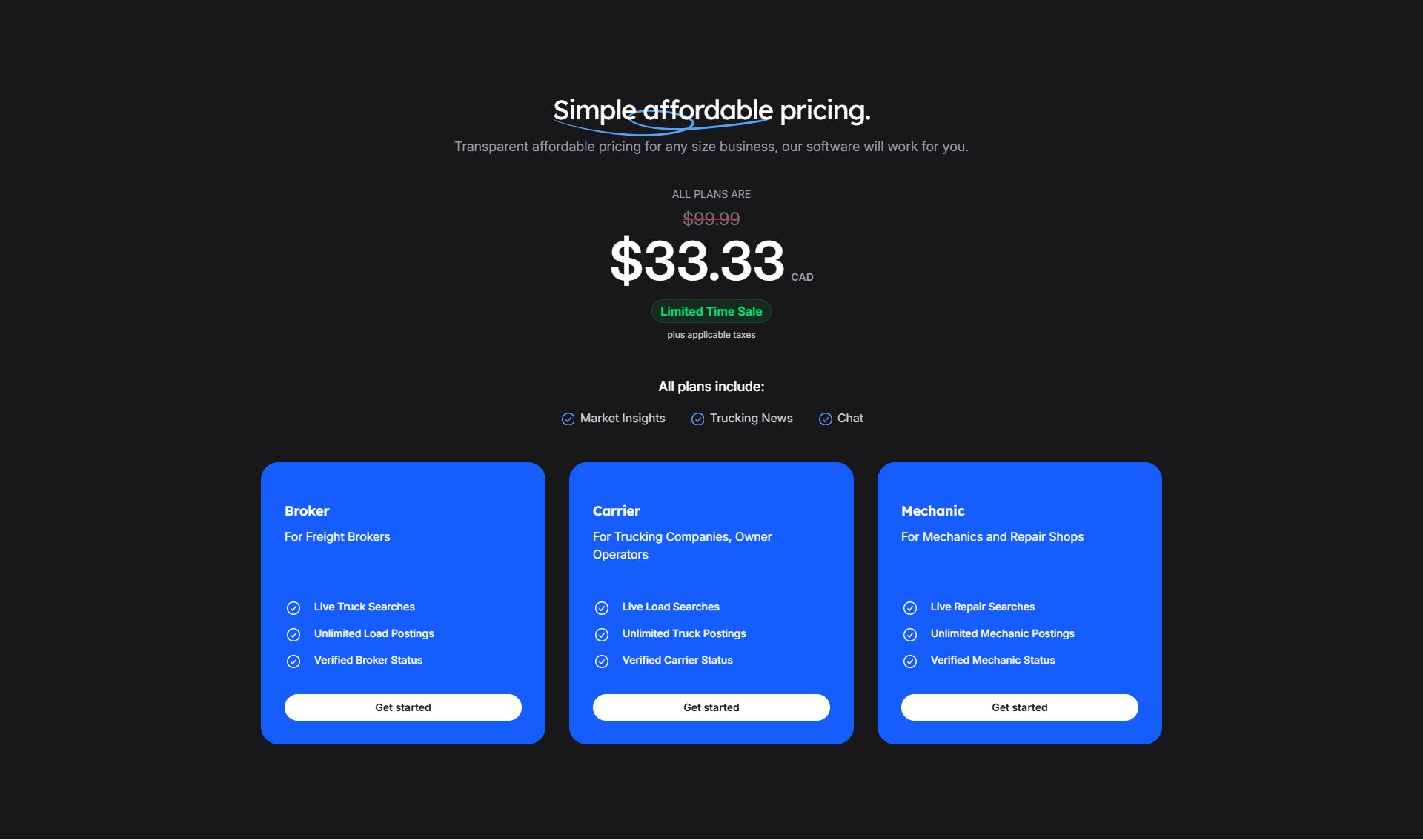 The pricing table displaying three distinct plans (Broker, Carrier, Mechanic) with a highlighted promotional rate of $33.33 CAD.