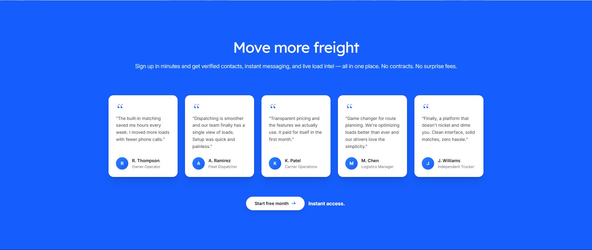 A testimonial carousel featuring quotes from industry professionals including R. Thompson (Owner-Operator) and A. Ramirez (Fleet Dispatcher).